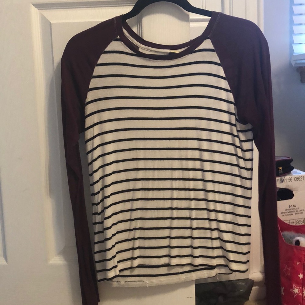 maroon, black and white striped long sleeve shirt